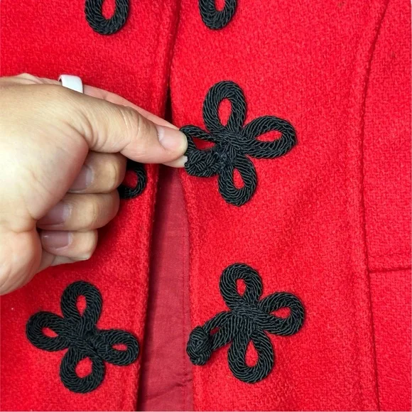 Rothschild Red Pea Coat for Girls with Black Details